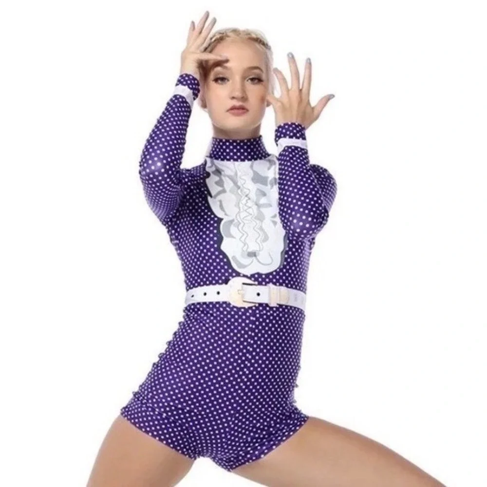 Alexandra collection Purple Polka Dot Western Trompe L'oeil Leotard Adult XS